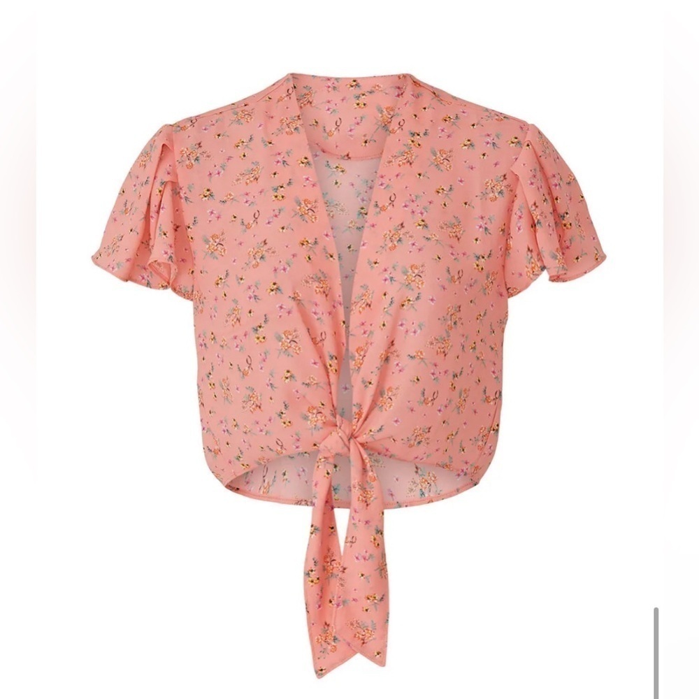 Color Me Courtney Ellie Top Cropped Pink Floral Tie Front Blouse Women’s Size 6
